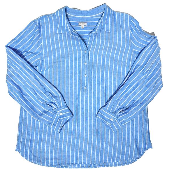 Talbots Linen Blend Oversized 1/4 Button Top Blouse Blue Striped Women's Size L - Picture 1 of 8